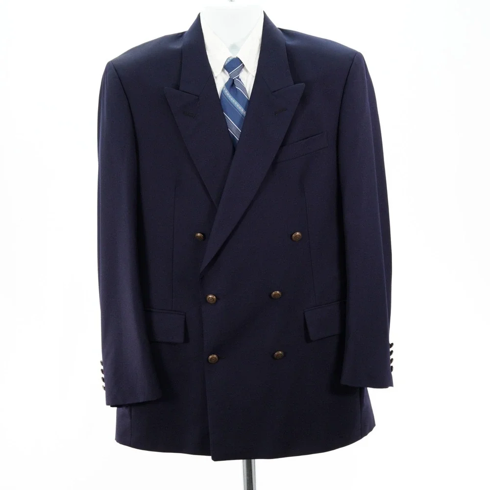 Jos A Bank Wool Blue Double Breasted Gold Button Peak Lapel Blazer 42L